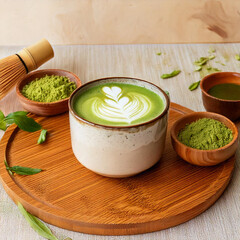 macha latte on wooden tray and ingredients 