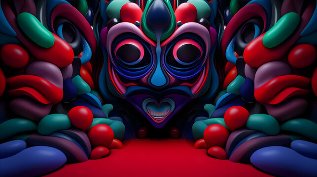 Vibrant abstract face emerging from organic wall, large eyes and heart shaped lips, standing on crimson stage, blending surreal artistic elements