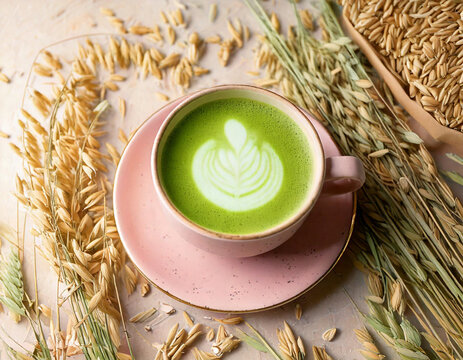 Vegan oat milk green macha latte natural oat japandi fushion concept