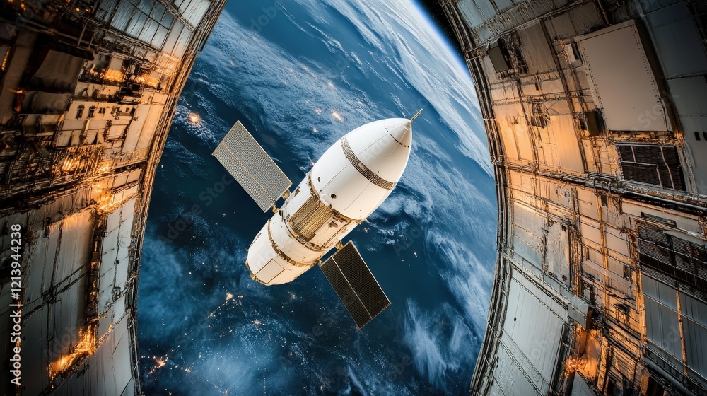 Poster rocket launching into space from a space station with earth in the background