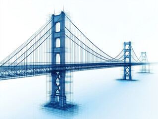 Obraz premium Blueprint Bridge: A stylized blueprint rendering of a majestic suspension bridge, evocative of architectural design and engineering prowess. The image suggests strength, connection, and ambition.