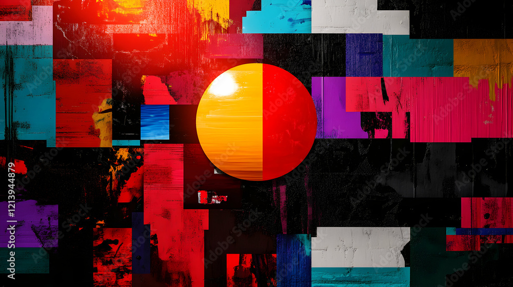 Poster geometric abstract pattern with vivid colors, intersecting shapes, halved luminous circle highlighti