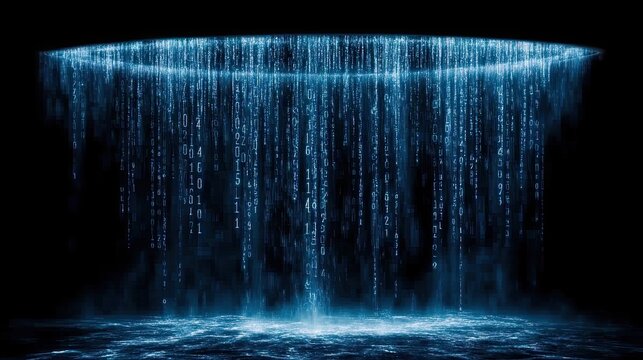 Digital waterfall of binary code in a dark environment