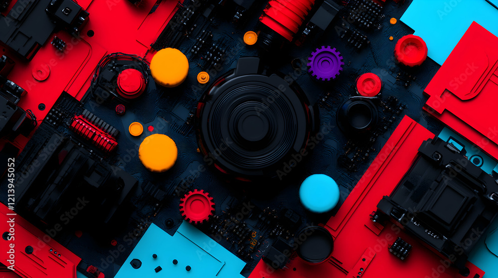 Poster high tech circuit board displaying intricate network of vibrant electronic components, highlighting 