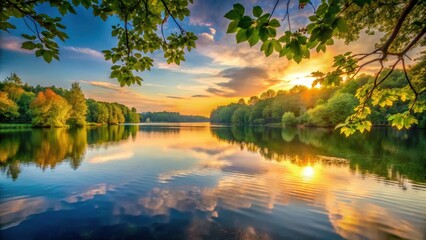 A serene lake at sunset with a few leaves floating on the water, surrounded by lush greenery and towering trees, symbolizing the tranquility of love , tranquility, peacefulness