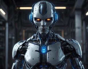 Futuristic robot with glowing blue circuits and metallic body, metallic body, high-tech