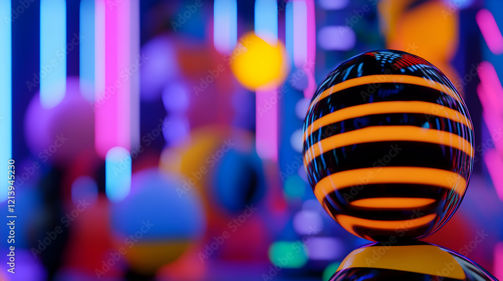 Poster luminous striped geometric sphere perching atop another sphere, creating balanced composition with v