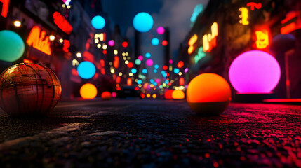 Basketball resting on asphalt streetscape, nighttime urban setting bathed in neon glows and luminescent spheres, creating surreal cyberpunk atmosphere