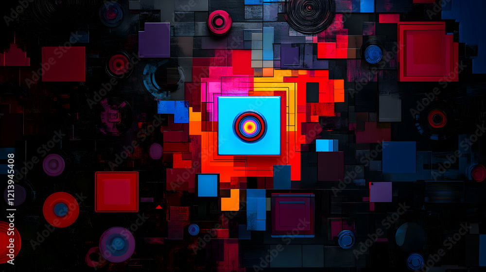 Poster geometric shapes in vibrant colors combine to form a captivating abstract background, creating a mod