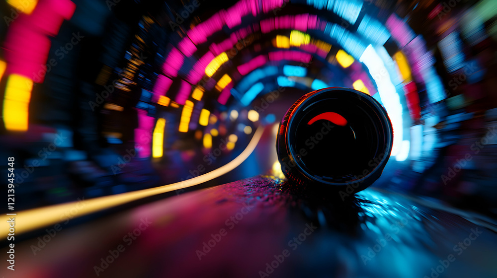 Poster camera lens placed on a reflective surface, capturing colorful light trails in a futuristic tunnel, 