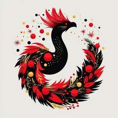 Obraz premium Elegant Stylized Phoenix Bird in Red, Black, and Gold Wreath Design