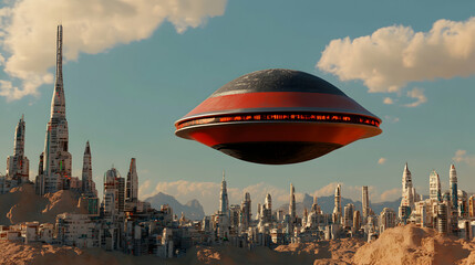 Massive red black spacecraft floating above futuristic desert metropolis, towering skyscrapers and mountainous landscape under stormy sky, highlighting advanced interstellar technology