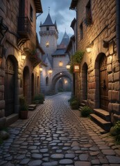 Obraz premium Cobblestone streets leading to a medieval town gate, narrow alleys, old fortifications