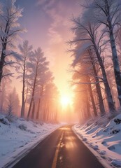 Snow-covered trees stand tall along a winding road that leads to a breathtaking sunrise, nature photography, serene scenery
