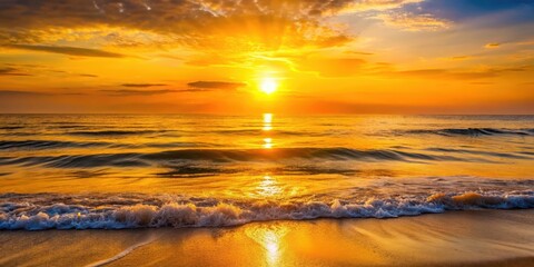 Fototapeta premium Golden sunrise over a peaceful ocean horizon with waves gently rolling in , serene atmosphere