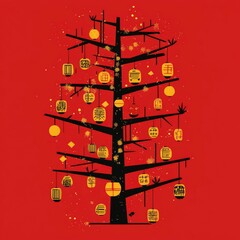 Stylized Chinese New Year Tree with Lanterns and Ornaments