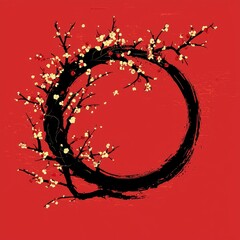 Obraz premium Elegant Plum Blossom Branch Encircling a Black Ink Circle on Red Background