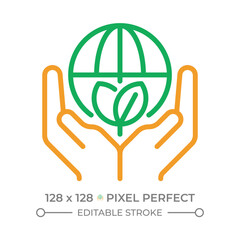 Environmental protection two color line icon. Global ecology. Hands holding planet. Climate action. Bicolor outline symbol. Duotone linear pictogram. Isolated illustration. Editable stroke
