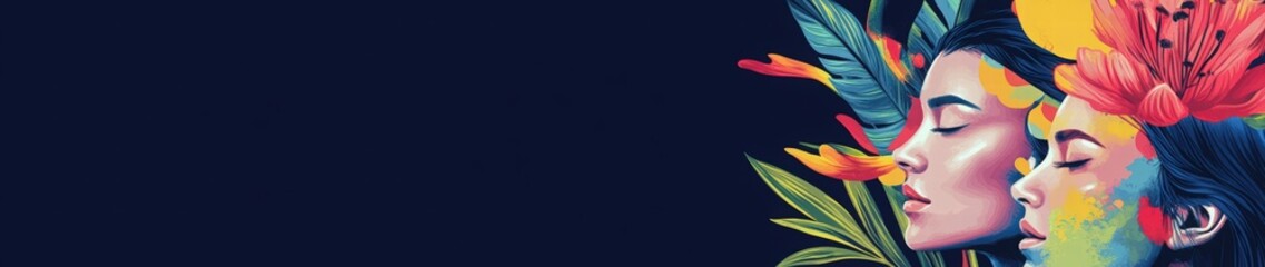 International Women's Day, women's day celebration banner with different women's faces and a colorful background. Women's Day banner featuring women of different ages and races, each holding flowers