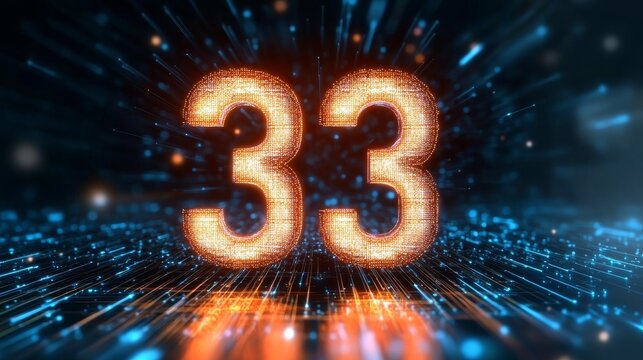 Glowing Digital 3D Number 33 in Futuristic Style on Abstract Technology Background with Light Trails