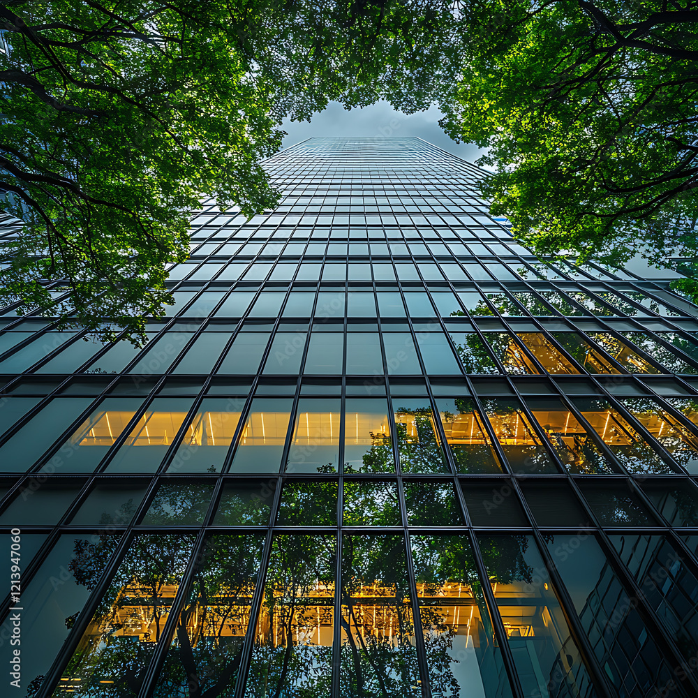 Poster modern office building with reflective glass, surrounded by lush trees, showcasing blend of nature a