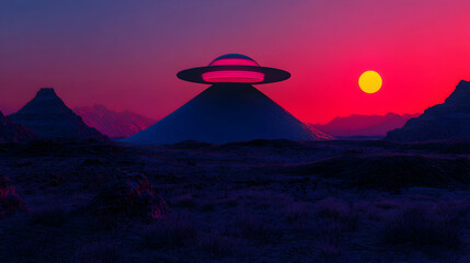 Obraz premium Luminescent spacecraft descending onto ancient pyramid amid barren terrain, silhouetted against fiery sunset sky, radiating ethereal sci fi ambiance