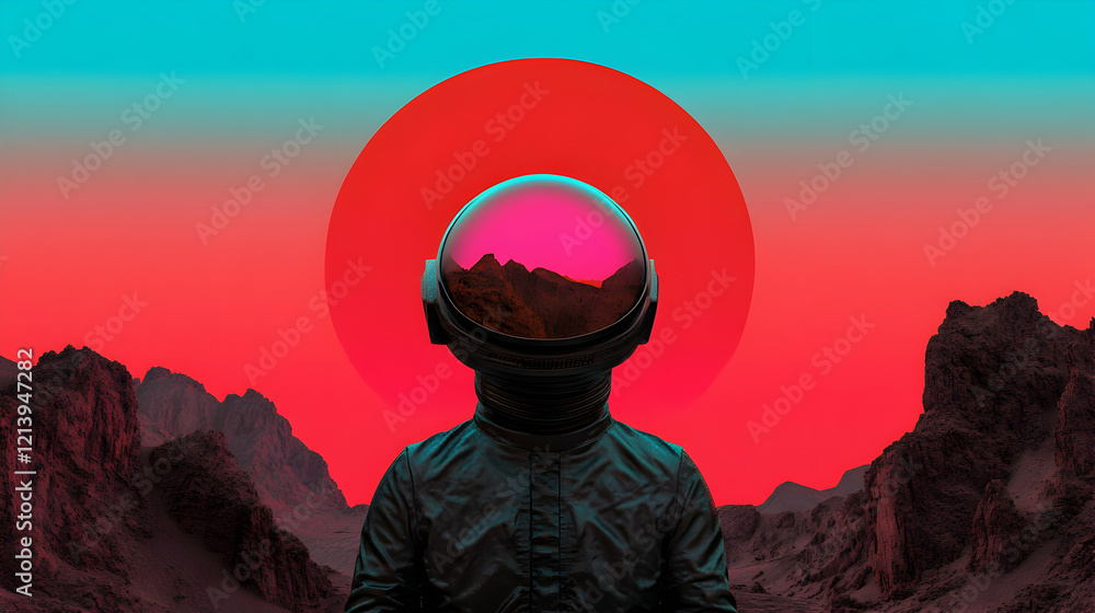 Poster astronaut exploring the surface of mars, with mountains reflecting in the helmet visor, creating a s