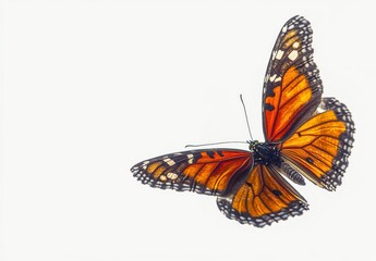 Monarch butterfly flying in side view, isolated on a white background, high-resolution digital photography with soft shadows and professional color grading.