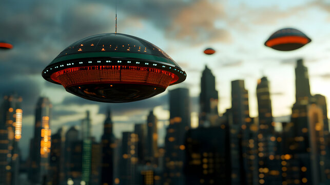 Extraterrestrial spacecraft hovering above massive urban skyline, silhouetted against brilliant sunset sky, suggesting imminent extraterrestrial confrontation