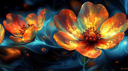 Fiery orange flowers with blue smoke swirls.