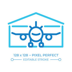 Hangar two color line icon. Aircraft storage. Airplane maintenance. Aviation shelter. Airport infrastructure. Bicolor outline symbol. Duotone linear pictogram. Isolated illustration. Editable stroke