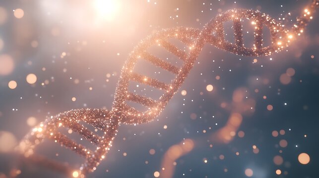 DNA helix structure made from glowing particles with a soft blue background conveying biotechnology concepts