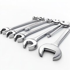 A set of shiny chrome wrenches on white background