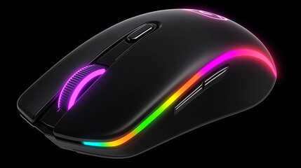 RGB Gaming Mouse: A close-up of a sleek, black gaming mouse with vibrant rainbow RGB lighting, capturing the dynamic spirit of the gaming world.  