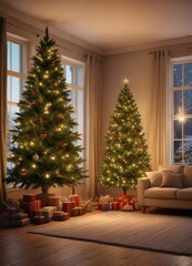 Cozy living room with Christmas tree and warm lighting, cozy ambiance, comfortable atmosphere, christmas tree