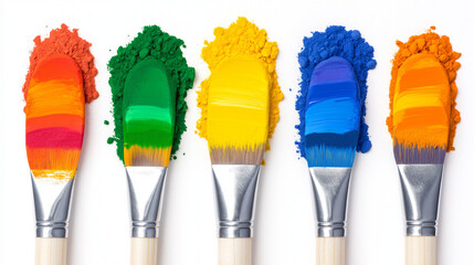 Rainbow of Paintbrushes: Five paintbrushes, each loaded with vibrant, richly textured paint in a spectrum of colors, create a visually stunning display of artistic potential.