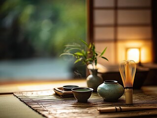 Traditional japanese tea ceremony setting with matcha whisk, teapot, and bamboo mat, creating a peaceful and authentic cultural scene. 