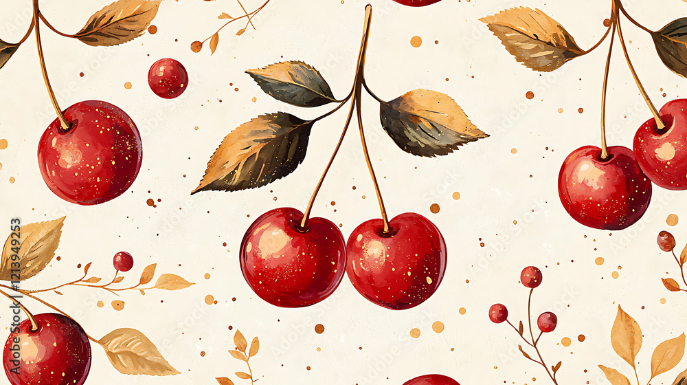 Poster playful double cherry motif with vibrant red cherries and golden leaves, creating cheerful and artis