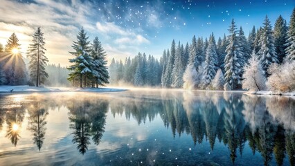 Obraz premium Frosty morning scene with snowflakes gently falling on a frozen lake surrounded by evergreen trees and a misty sky