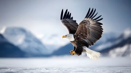 Bald eagle soaring, snowy mountains, winter landscape, wildlife documentary