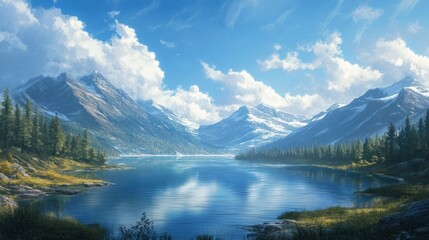 Fototapeta premium Serene Mountain Lake Under a Summer Sky