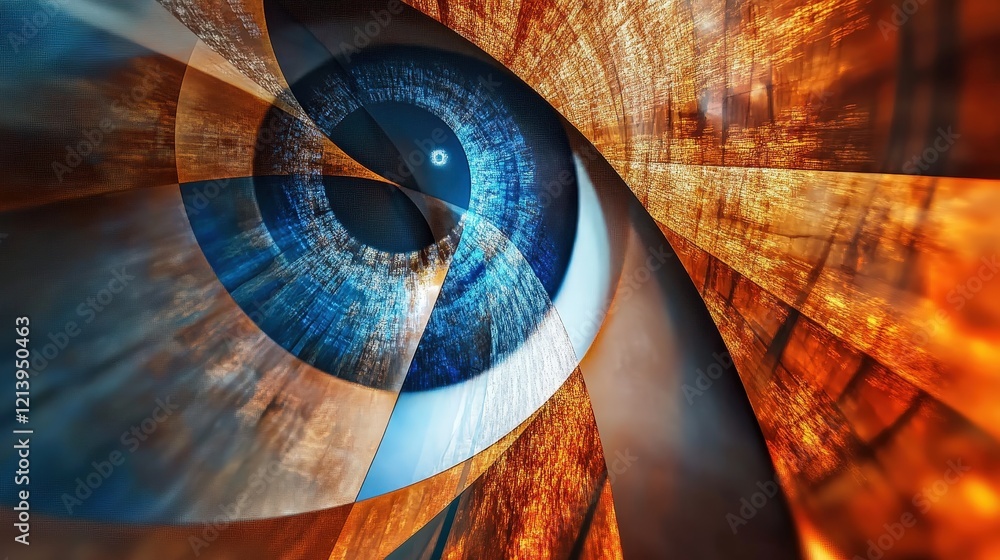 Poster abstract eye design in blue and orange with intricate patterns