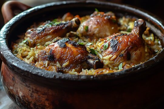 A Close-Up of Dum Handi Chicken Biryani Prepared with Rich Spices.