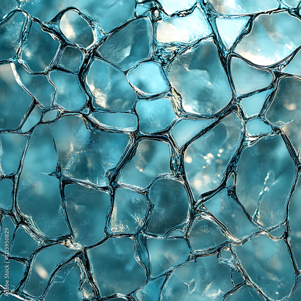 Poster translucent cracked ice pattern with shimmering blue tones, creating unique texture that evokes sens