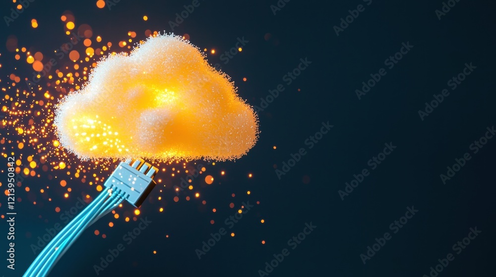 Poster cloud networking connectivity security speed network cables connecting to a glowing cloud server, da