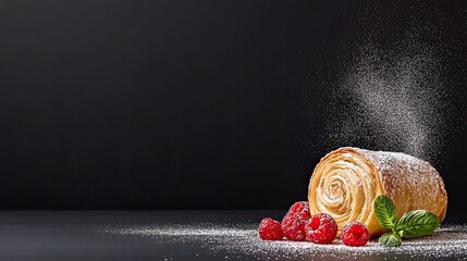 Elegant pastry roll with raspberries and powdered sugar dusting
