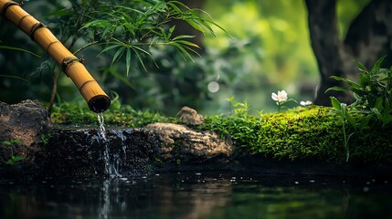 Bamboo water feature flows into pond, lush garden backdrop, zen tranquility, nature serenity