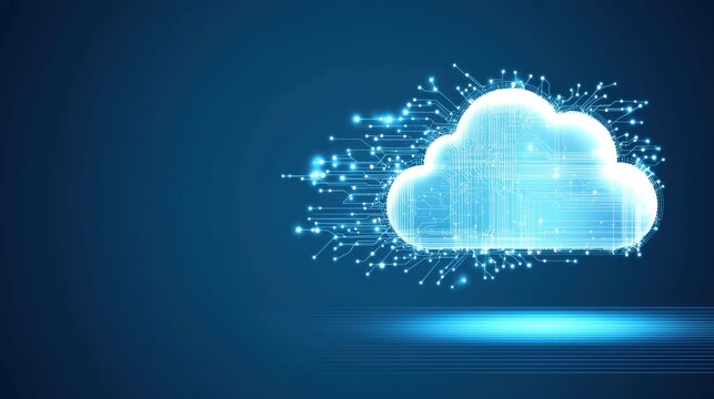 Cloud Networking Cloud Security Encryption Privacy Shield icon protecting a cloud network, data encryption visualization, blue background.