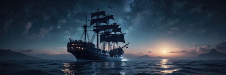 Fototapeta premium Dark blue ship navigating through calm sea under starry night sky, nighttime, waves, sea