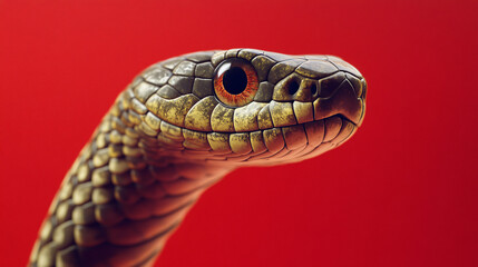 Obraz premium A golden and brown snake with highly detailed scales and sharp eyes in a close-up shot against a bold red background 